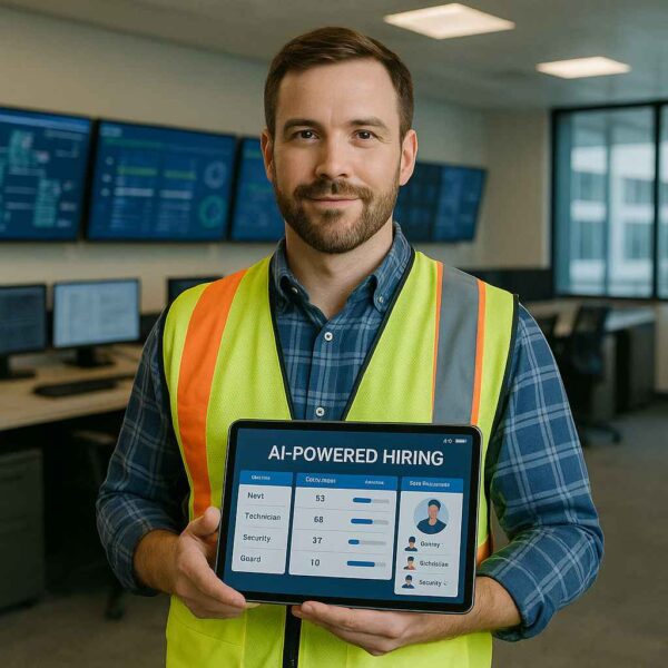 Facilities manager displaying AI-powered hiring stats for roles like technician and security on a tablet in a control room.