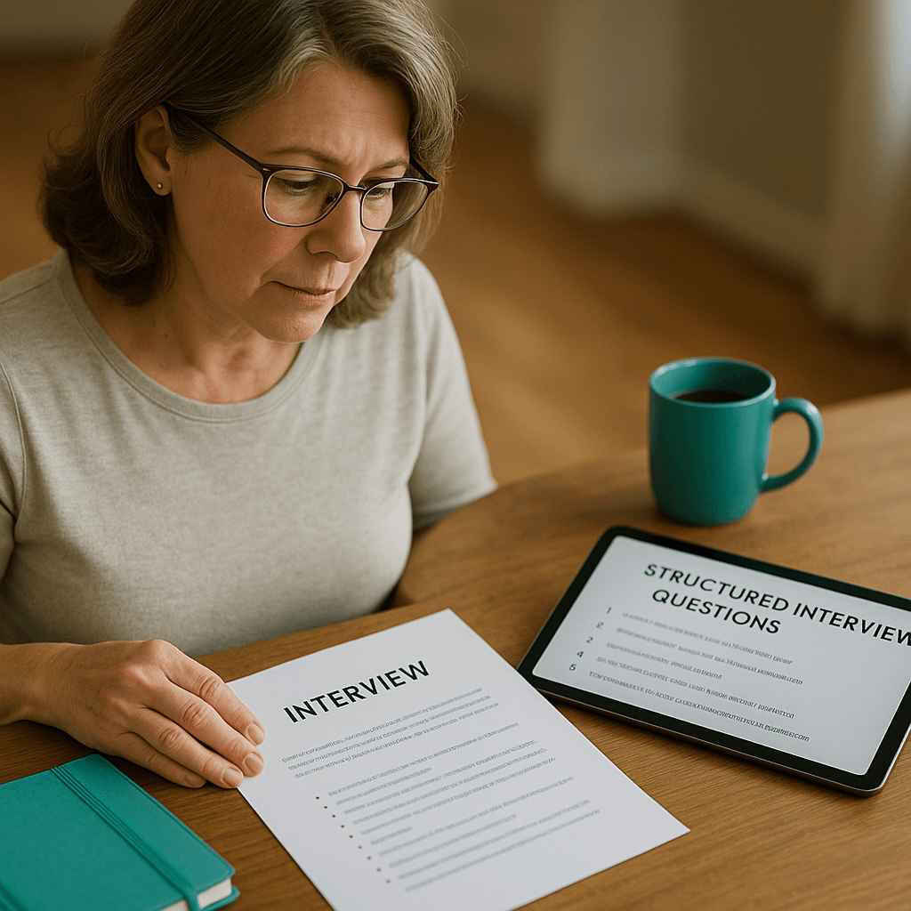HR manager preparing structured interview questions and reviewing applications, ensuring fairness and speed for Mobile-First Candidates.