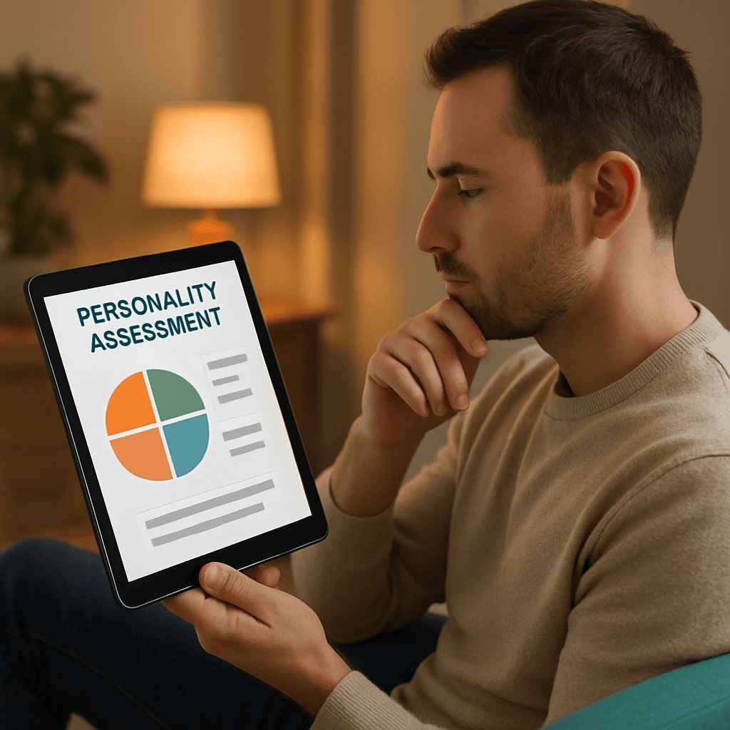 A male looking at personality assessment on tablet.