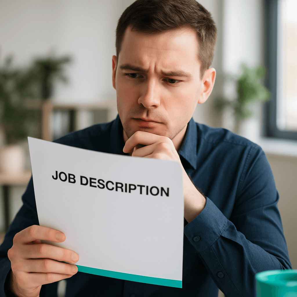 A candidate reading a job description before applying through the proper recruitment process.