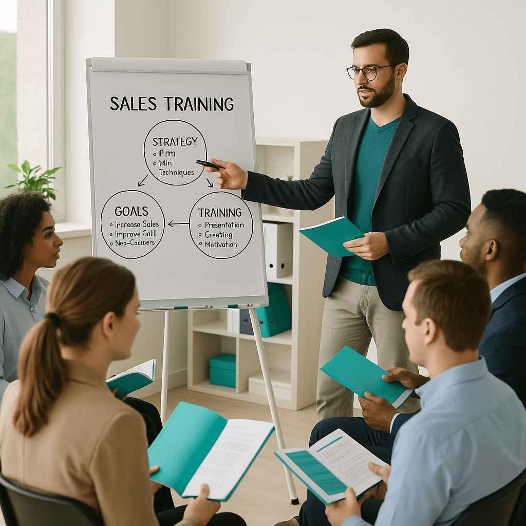 A trainer leading a sales onboarding session with a group of new hires, explaining strategies and training goals on a whiteboard.