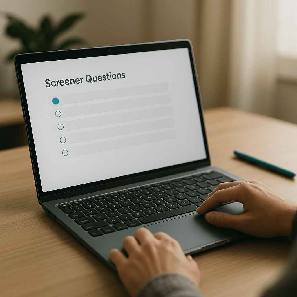 Professional working on a laptop displaying screener questions with multiple-choice options.