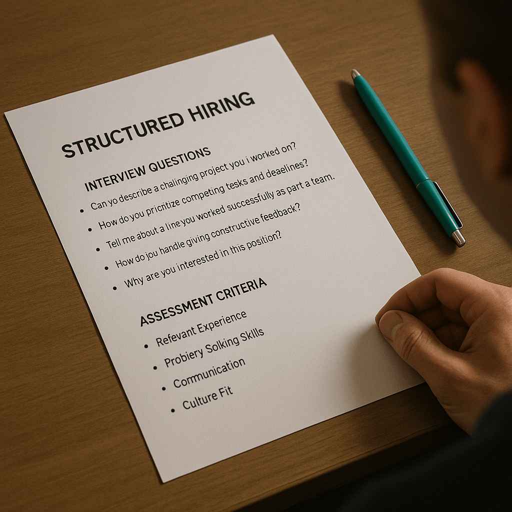 A hiring manager examines a structured hiring sheet with interview questions and assessment criteria for evaluating candidates.