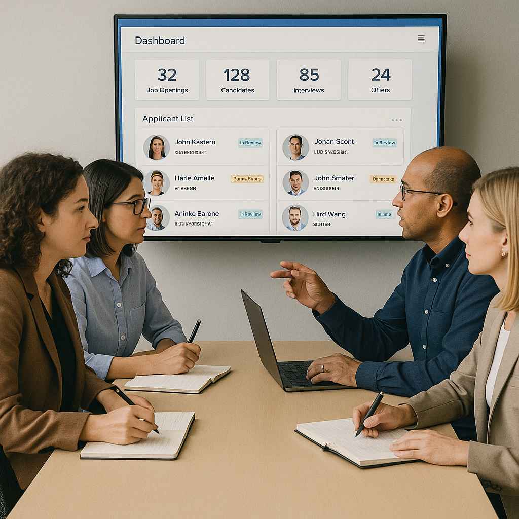 A diverse HR team sits around a table discussing candidate data displayed on an applicant tracking system dashboard on a large screen.