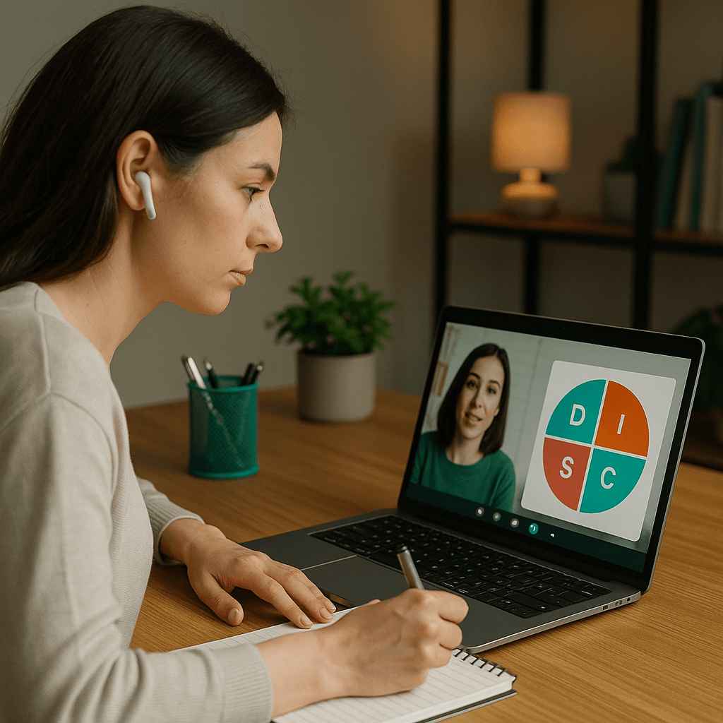 Team member in a virtual coaching session discussing DISC assessment results with a manager.