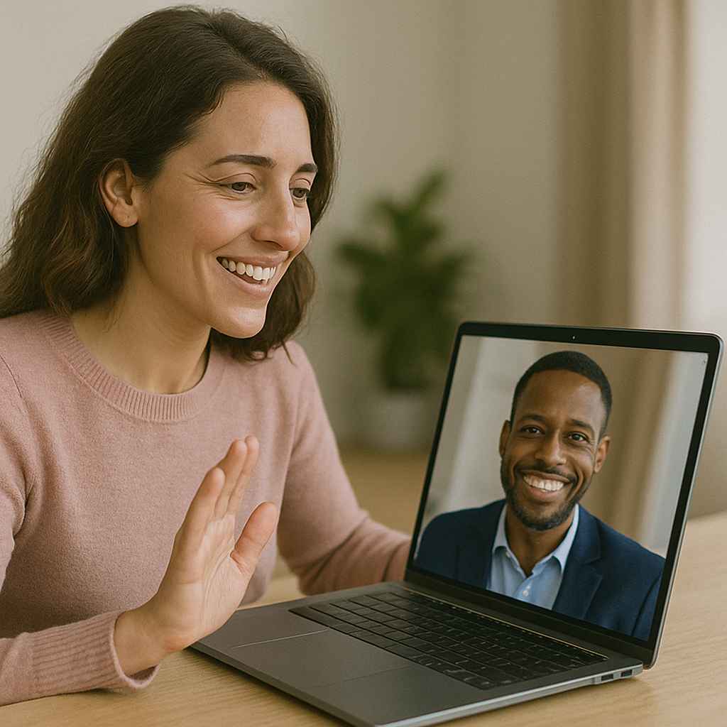 A women on video call with candidate.
