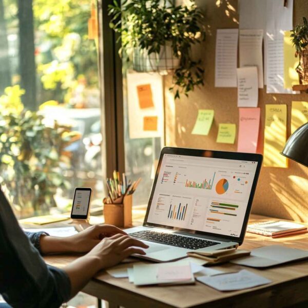 Small business owner reviewing applicant tracking system dashboard on laptop in a cozy, light-filled office.