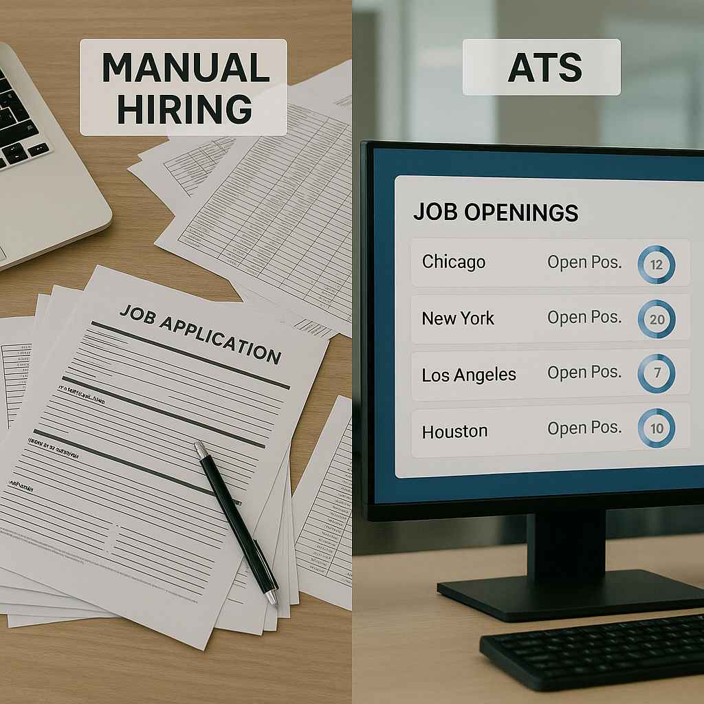 Comparison of manual hiring with paper resumes versus ATS with streamlined job tracking for multiple cities.