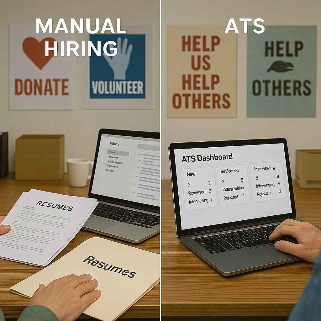 A side-by-side comparison showing manual resume review versus an ATS dashboard in a nonprofit setting, illustrating the efficiency of ATS for nonprofits hiring.