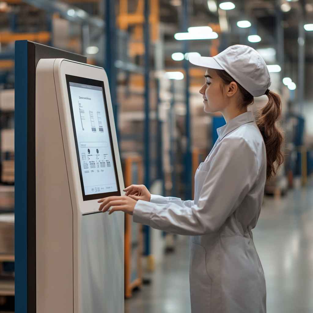 Female warehouse applicant selecting job options via touchscreen ATS system.