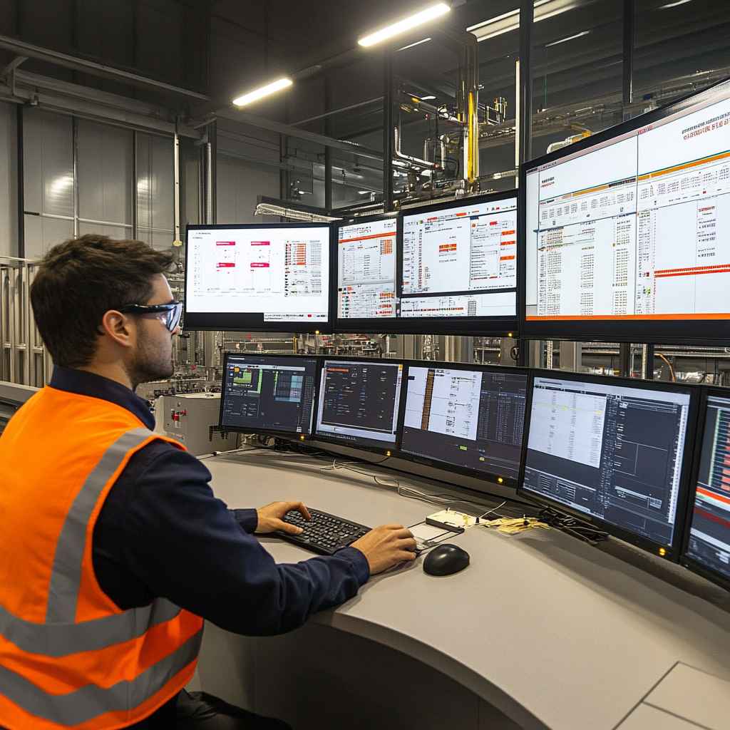 Male hiring manager viewing manufacturing ATS dashboard in control room.