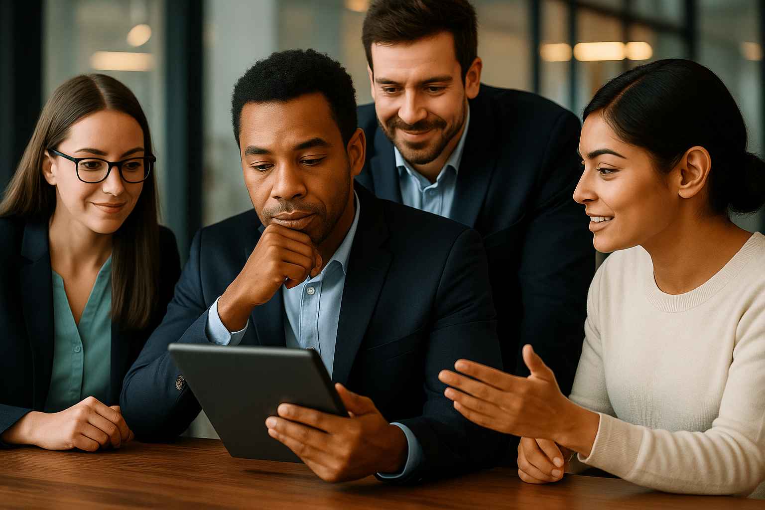A diverse hiring team reviews a candidate profile on a tablet, discussing team feedback in a professional office setting.
