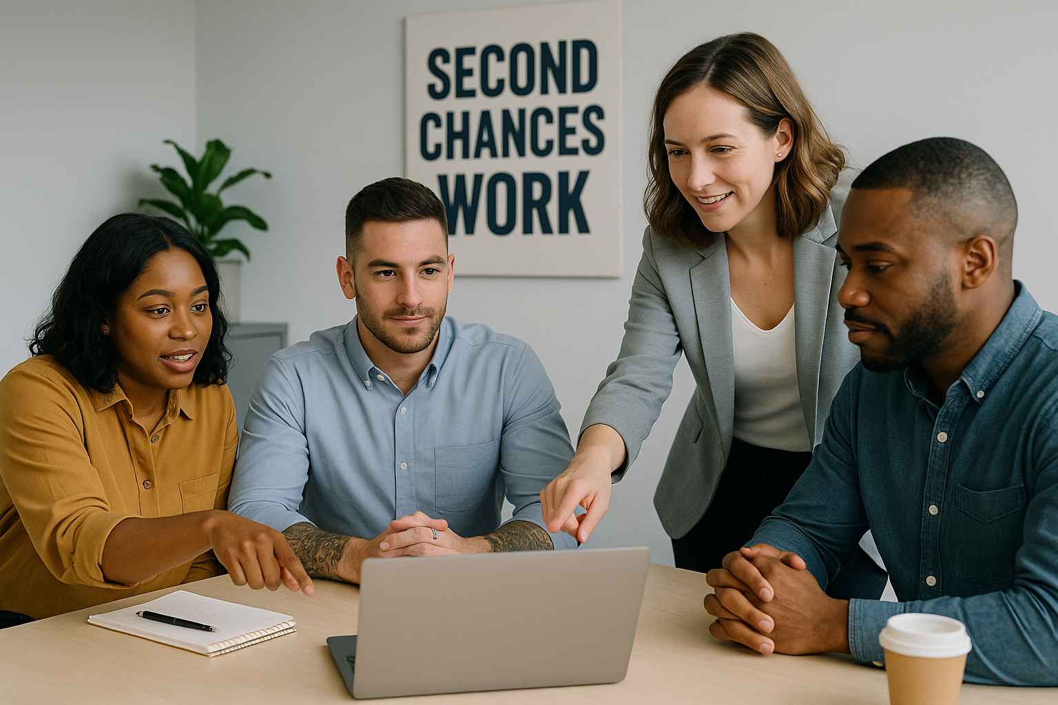 Inclusive team at work in a company supporting second chances.