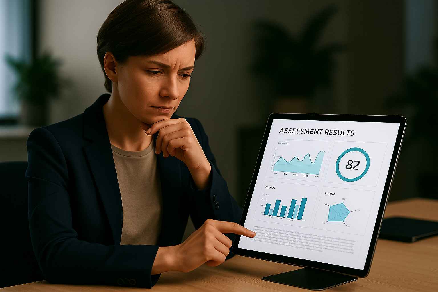 A recruiter evaluating a candidate’s digital assessment results on a tablet, including graphs and scoring dashboards to support data-driven hiring decisions.