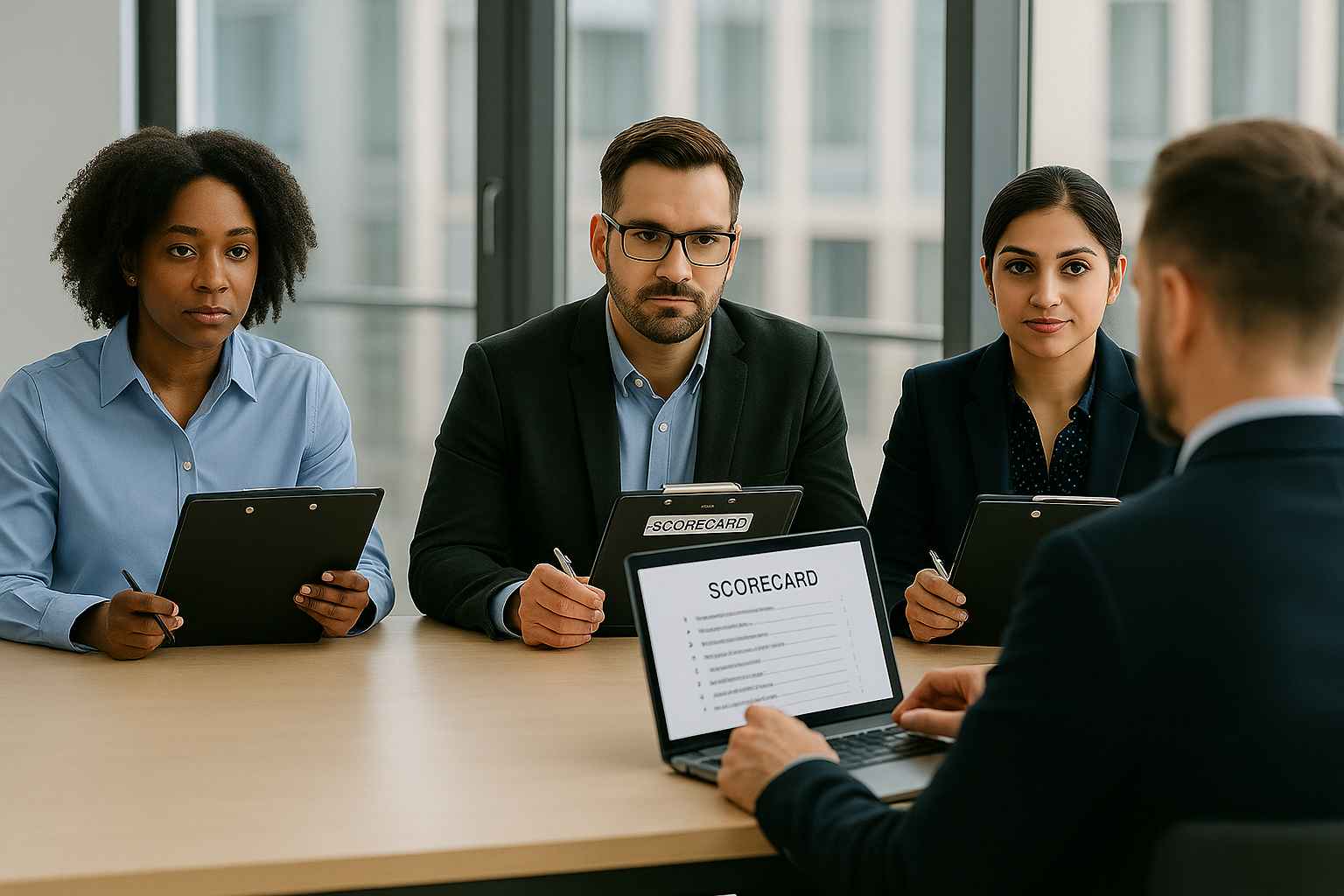 Diverse hiring panel using structured scorecards in an inclusive interview.