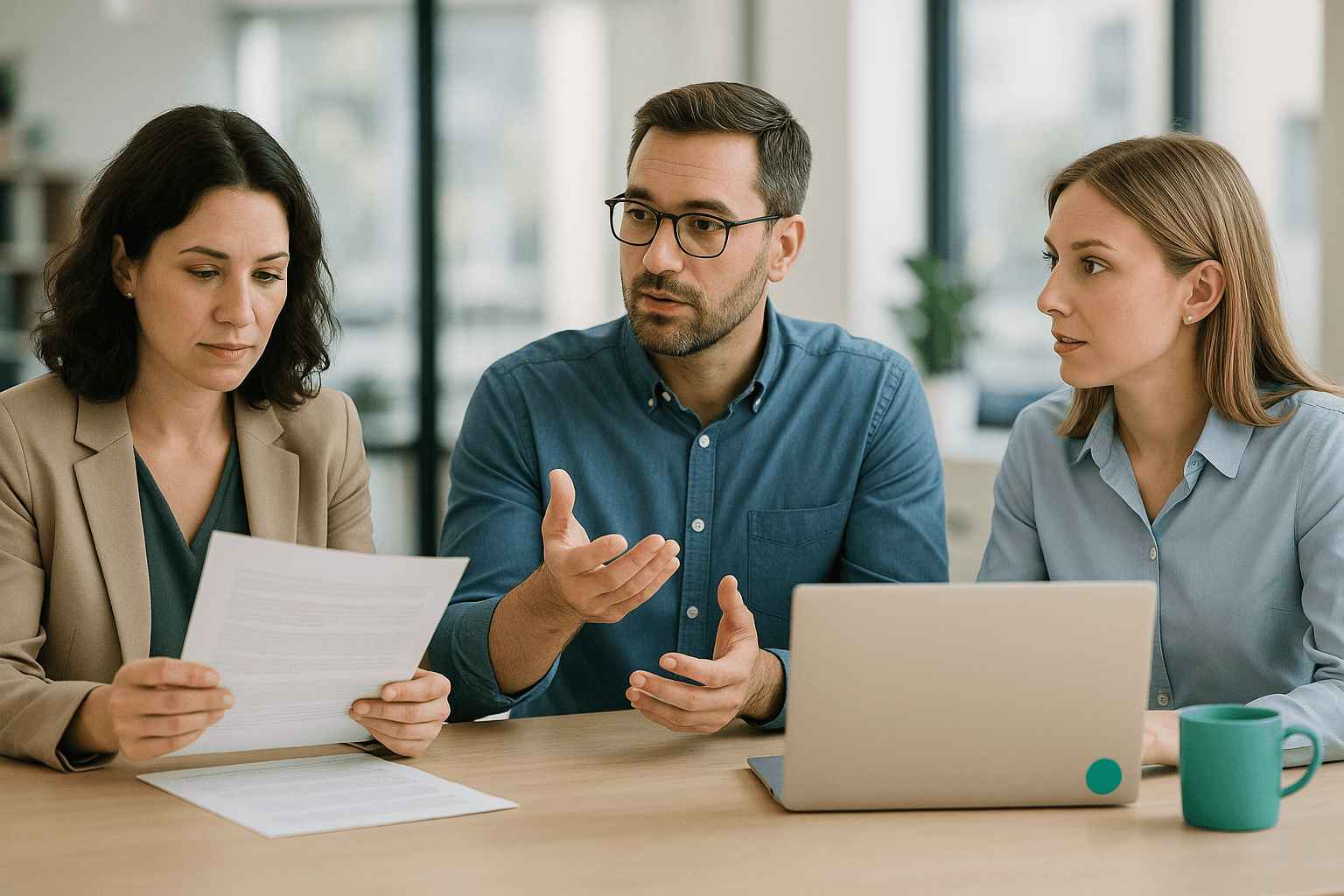 HR team in a meeting discussing performance metrics and reviewing resumes for recent hires.