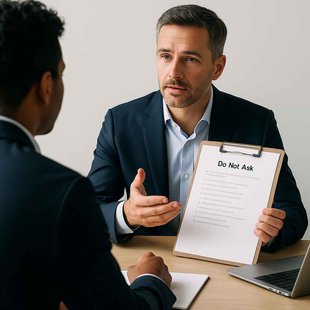 Hiring manager following EEOC compliance hiring rules by avoiding illegal interview questions.