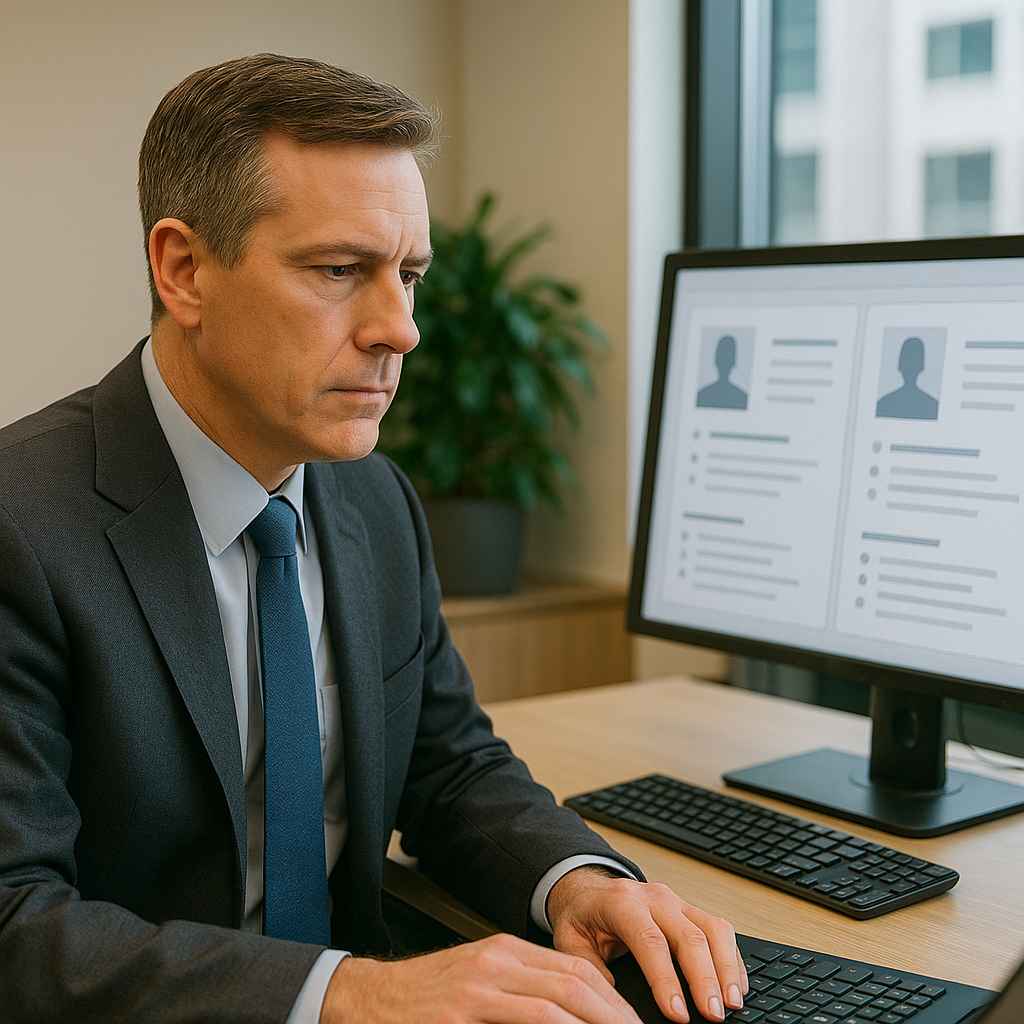 Bank hiring manager reviewing blind resumes on a structured platform.