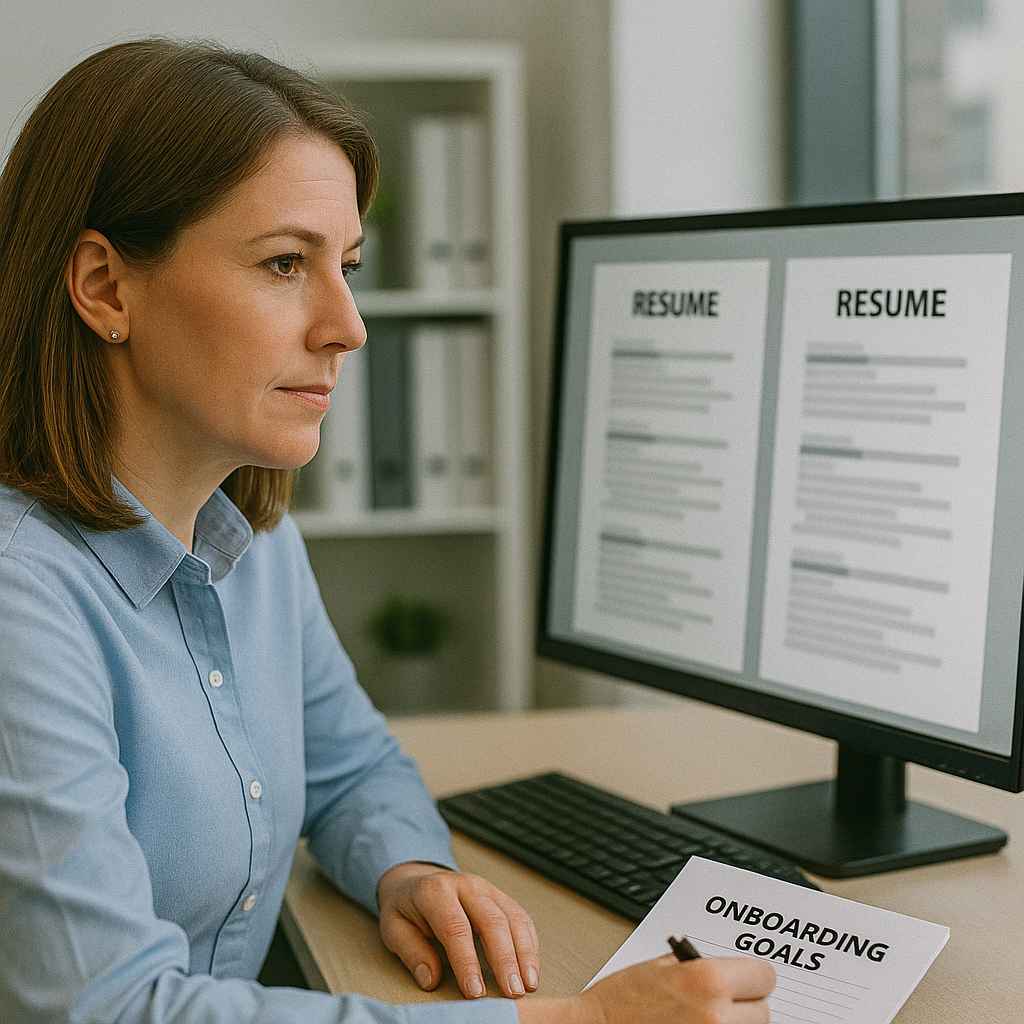 Hiring manager reviewing anonymous resumes to reduce bias in screening.