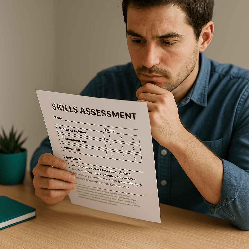 A hiring manager carefully reviewing a printed candidate skills assessment with scores on problem-solving, communication, and teamwork — relevant for discussions on Candidate Assessment Retakes.