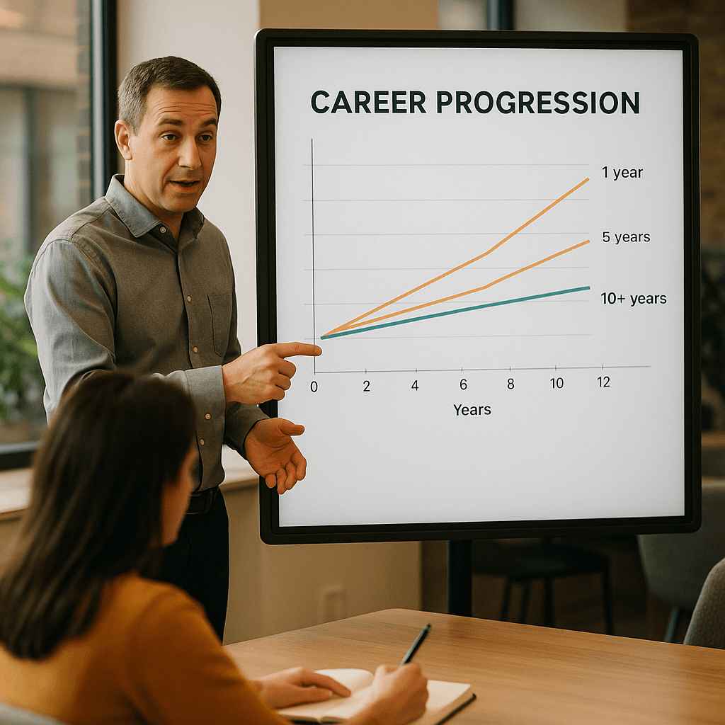 Male speaker presenting career progression data to a female colleague, highlighting growth trends related to job hopping.