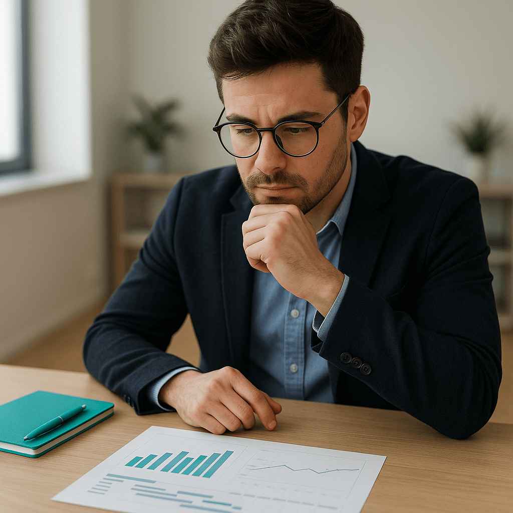 Executive analyzing project-based assessment results for candidate evaluation in hiring.