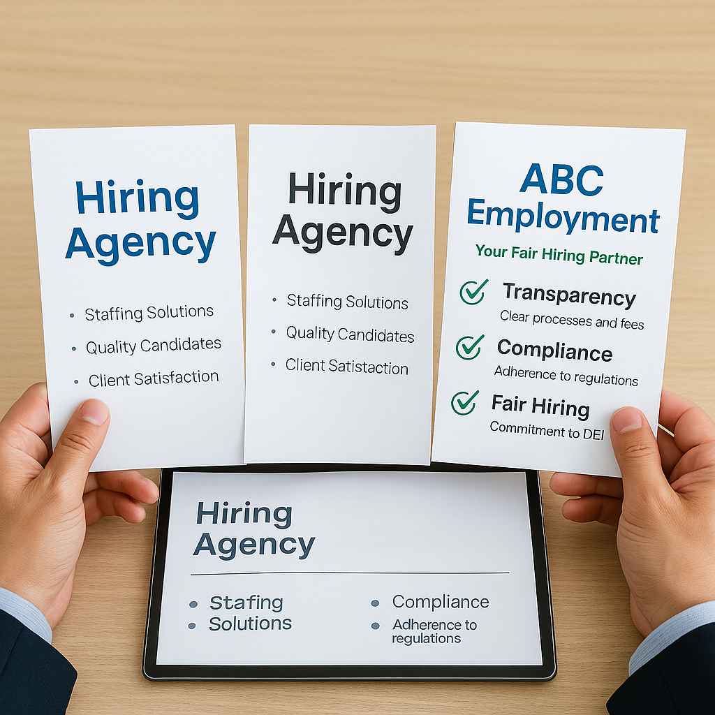 Business owner comparing hiring agency options with a focus on fairness.