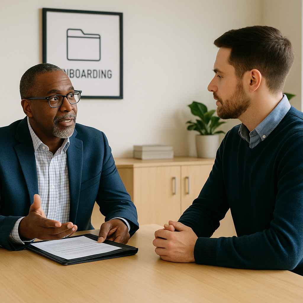Manager mentoring a new hire from a fair chance hiring program.