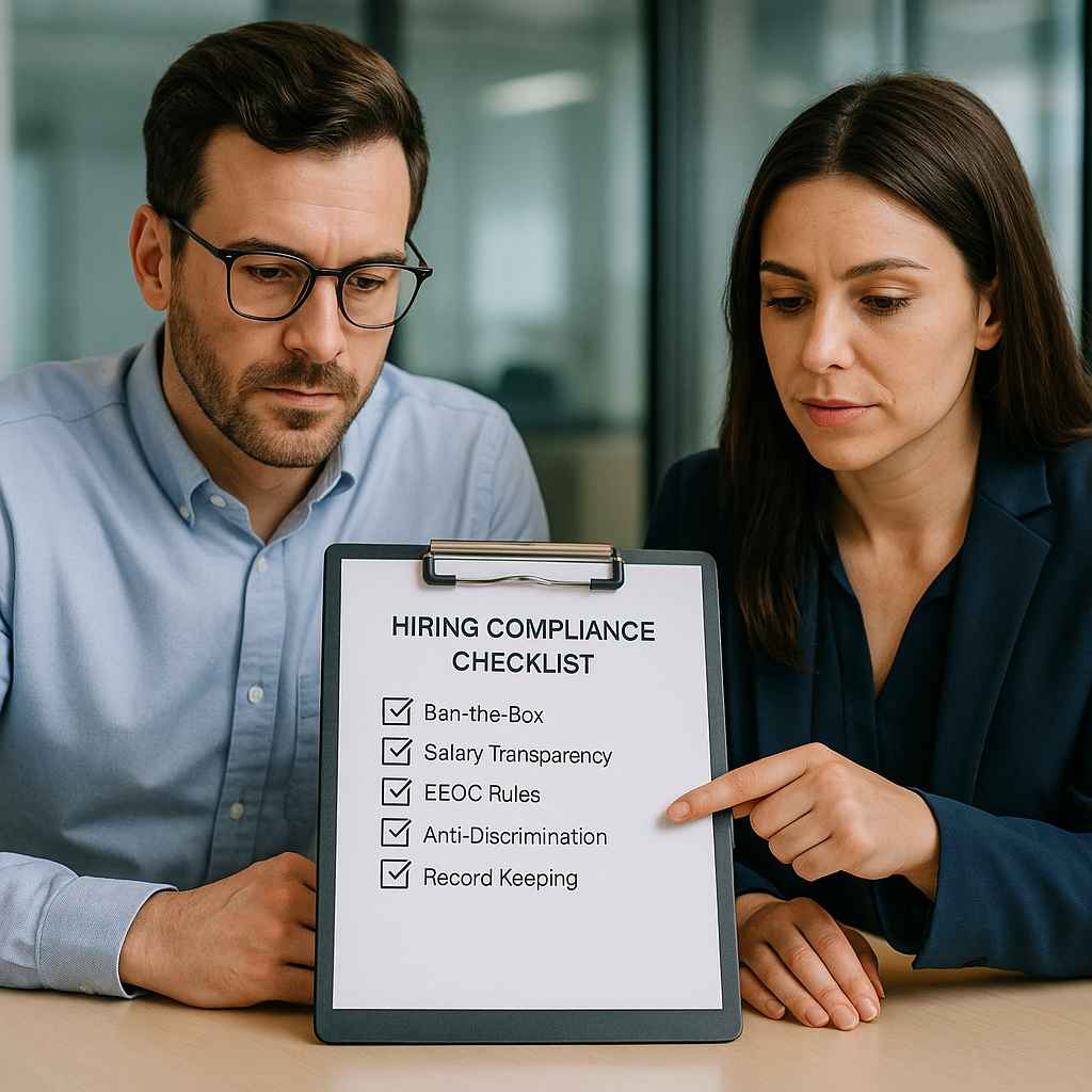 The Fair Hiring Act (USA): What It Means for Your Business 1 HR team reviewing a compliance checklist for Fair Hiring Act requirements.