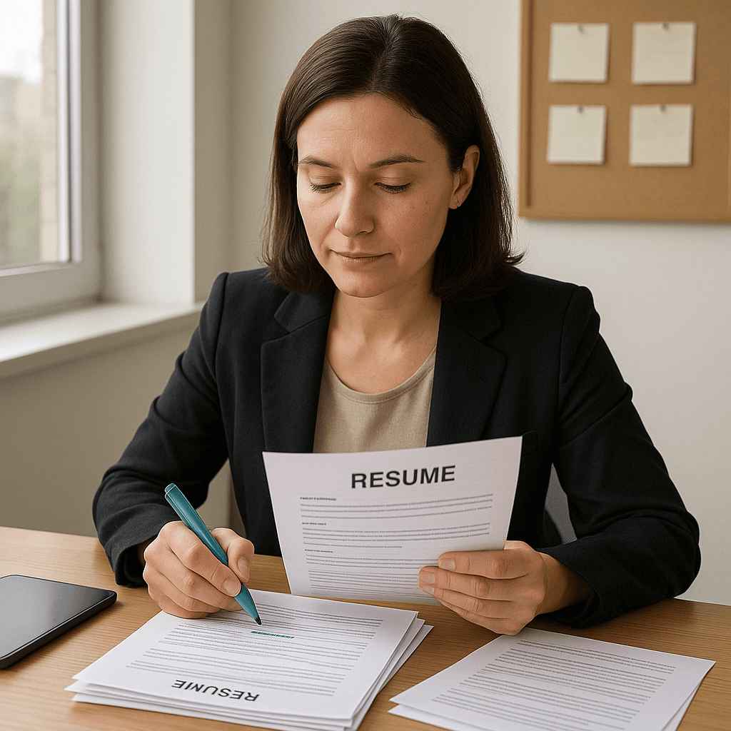 Recruiter manually reviewing resumes before automation is introduced.