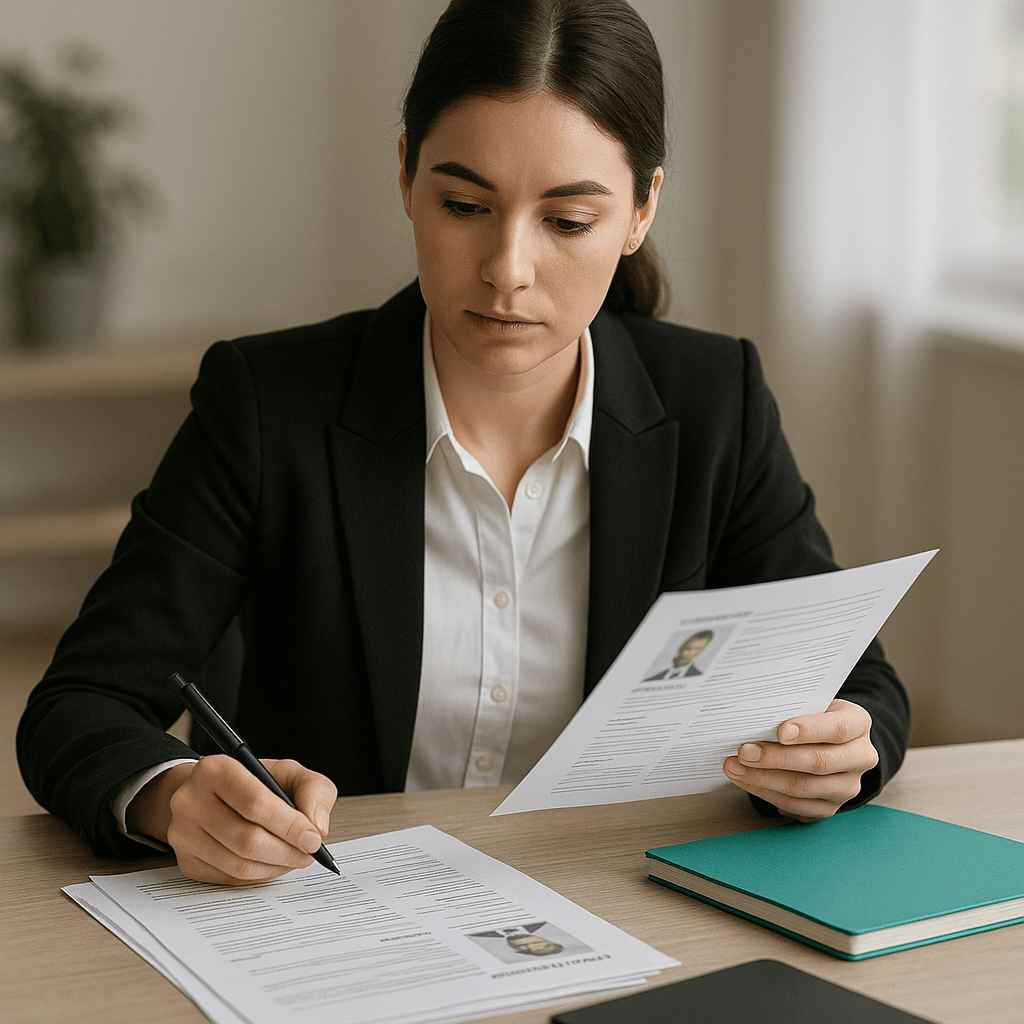 HR professional reviewing candidate profiles and taking notes for internal hiring assessment.