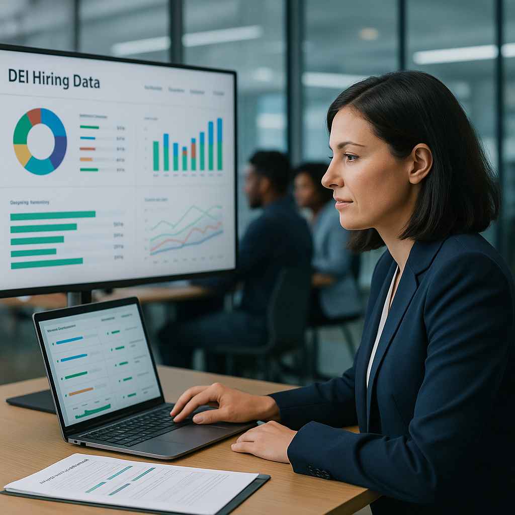 Can Automation Make Hiring Fairer? Here’s How It Works 1 HR professional reviewing a DEI dashboard to monitor automated hiring fairness