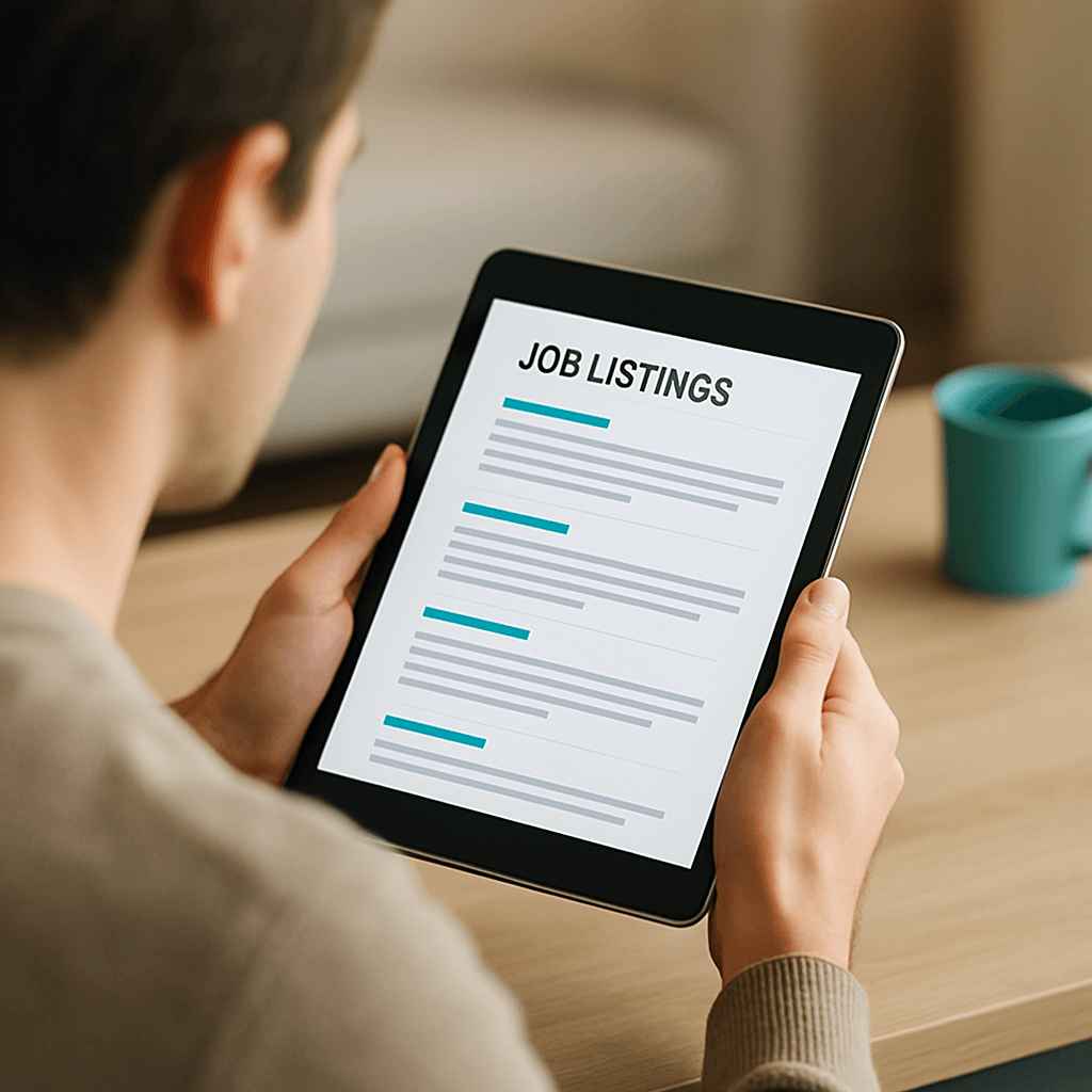 A man reviewing job listings on a tablet, highlighting the visibility challenges of job posts without Google Jobs integration.