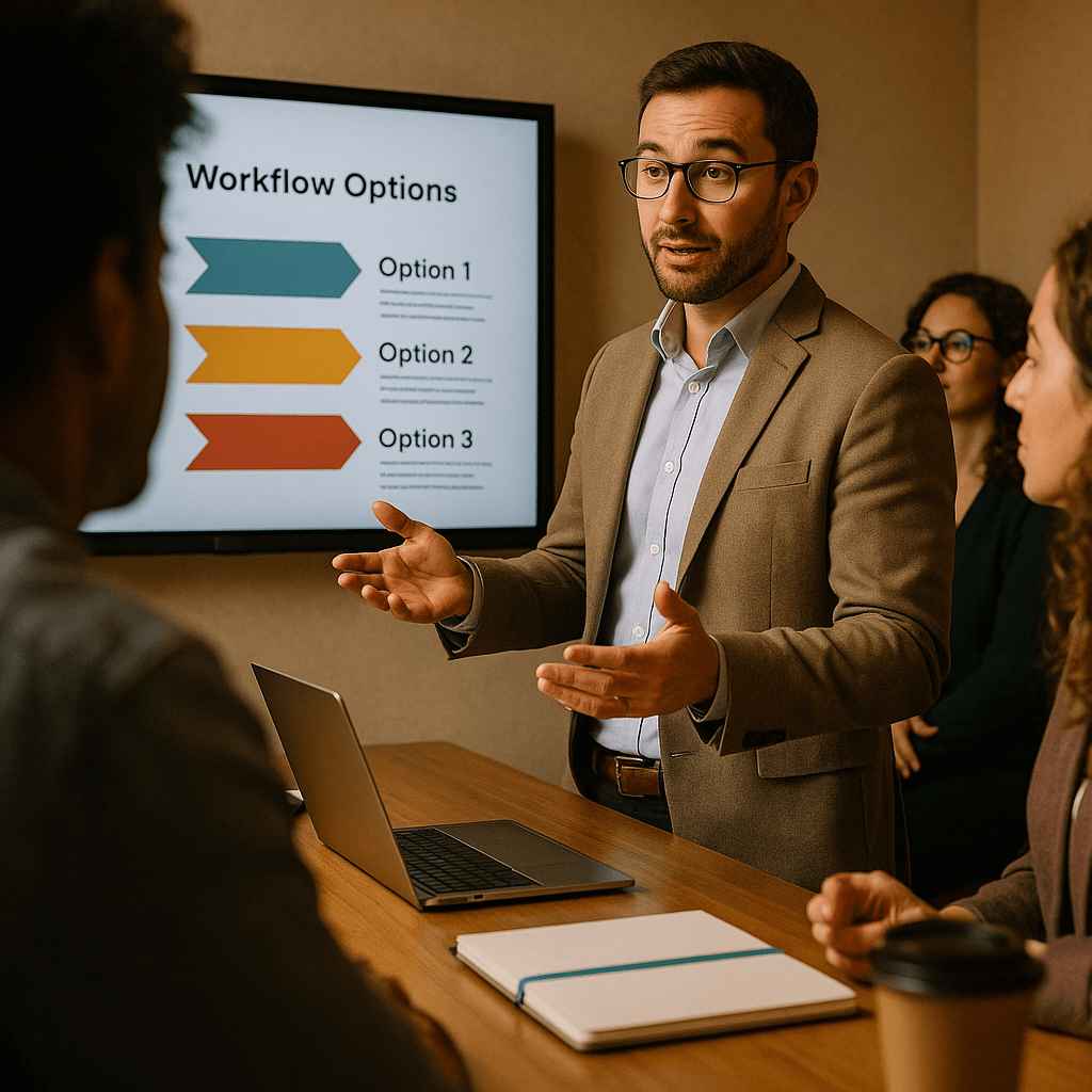 A hiring manager explaining assessment workflow options to colleagues in a team meeting