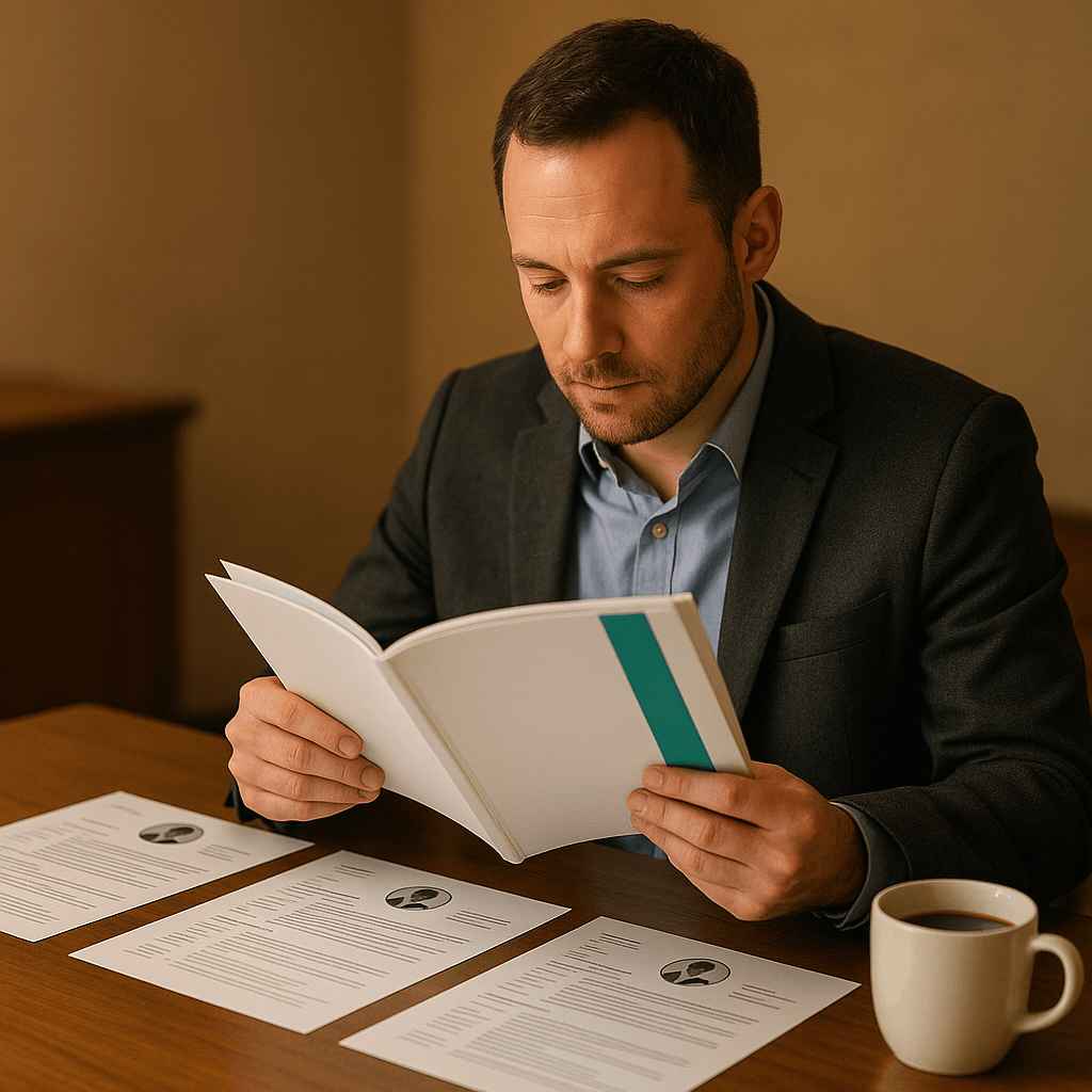 A recruiter carefully reads resumes and notes during the hiring process, focusing on job fit and alignment.