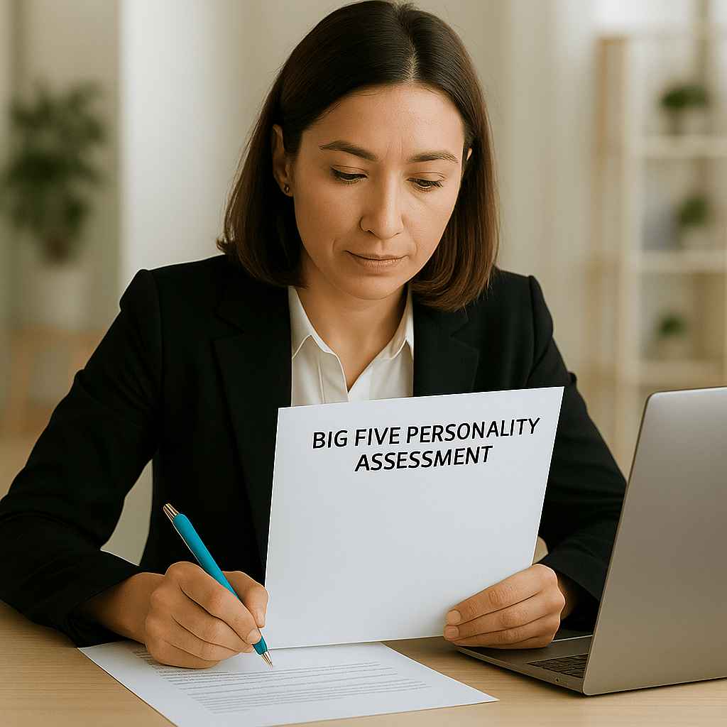 A recruiter is evaluating a printed big five personality assessment report at her desk.