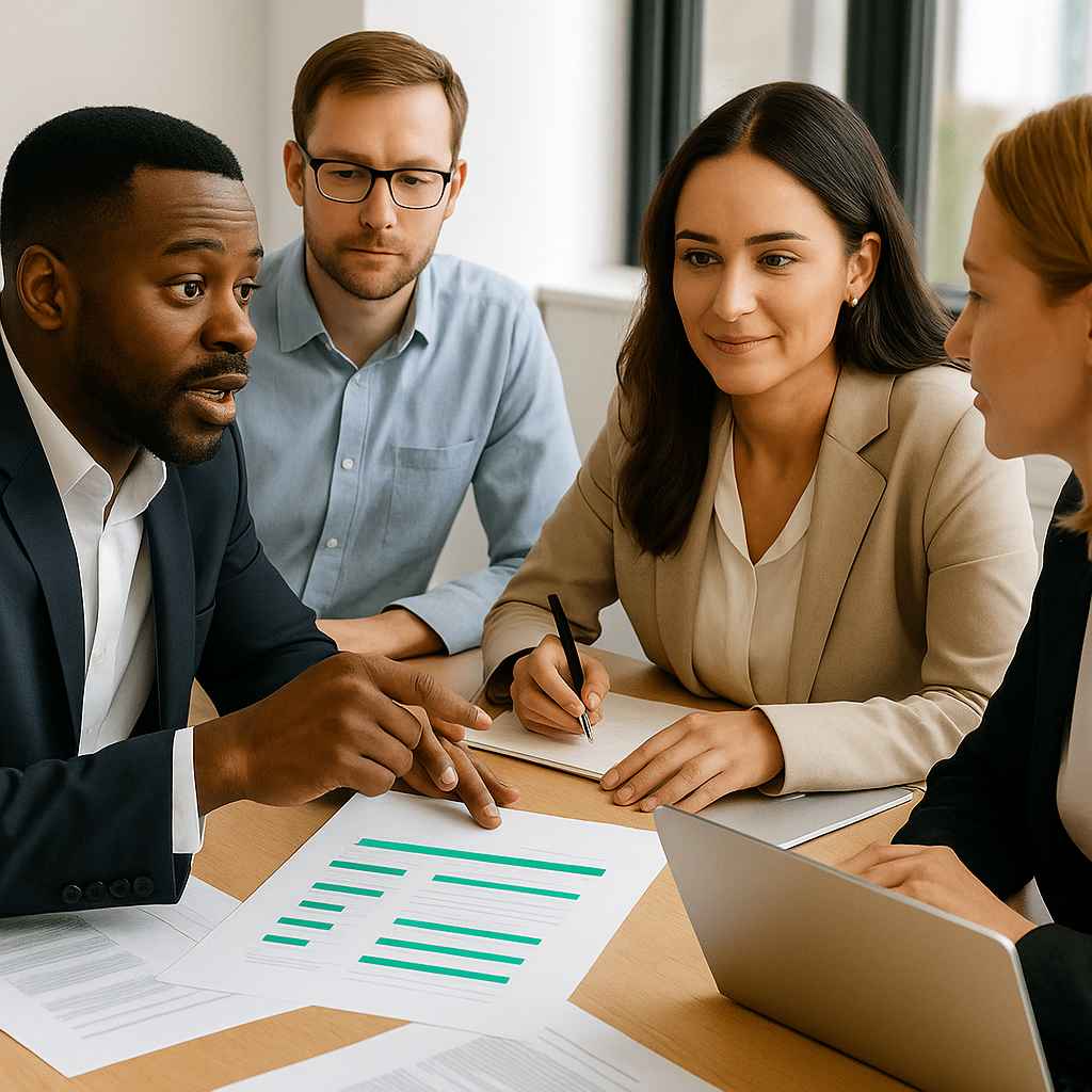 A group of recruiters discussing candidate performance reports in a hiring strategy meeting