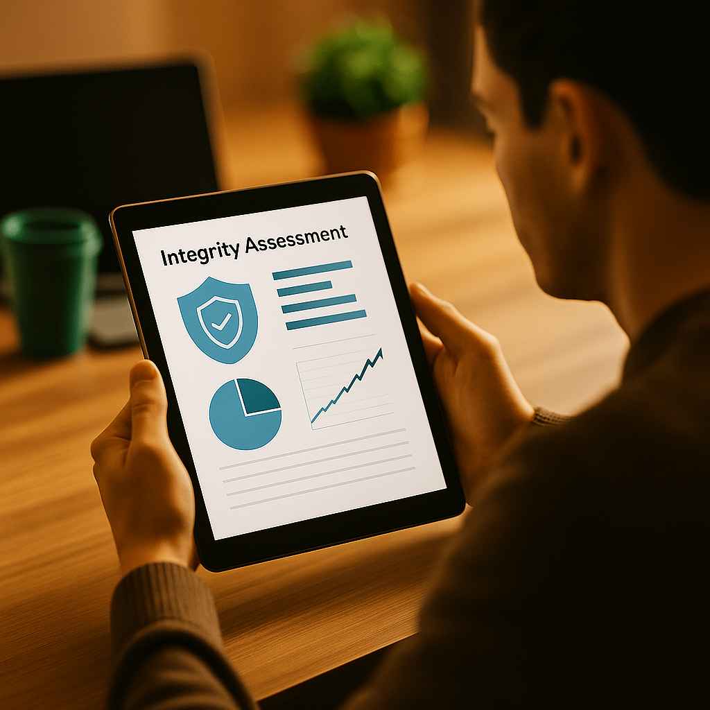 A hiring manager reviewing an integrity assessment dashboard on a tablet, showing charts and behavior risk indicators—illustrating how Integrity Assessments Reveal Workplace Risks.