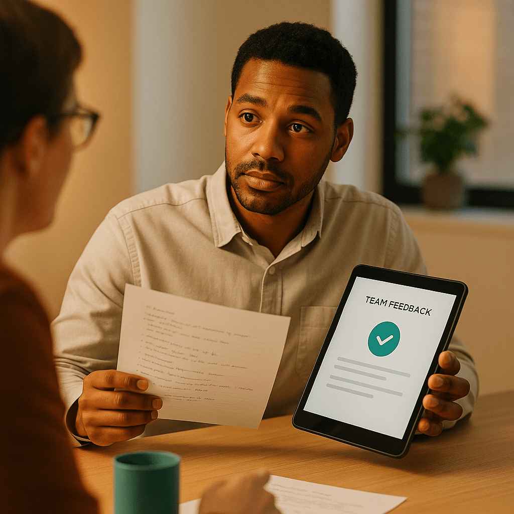 A recruiter shares a printed evaluation and tablet feedback summary during a follow-up meeting to assess cultural fit.