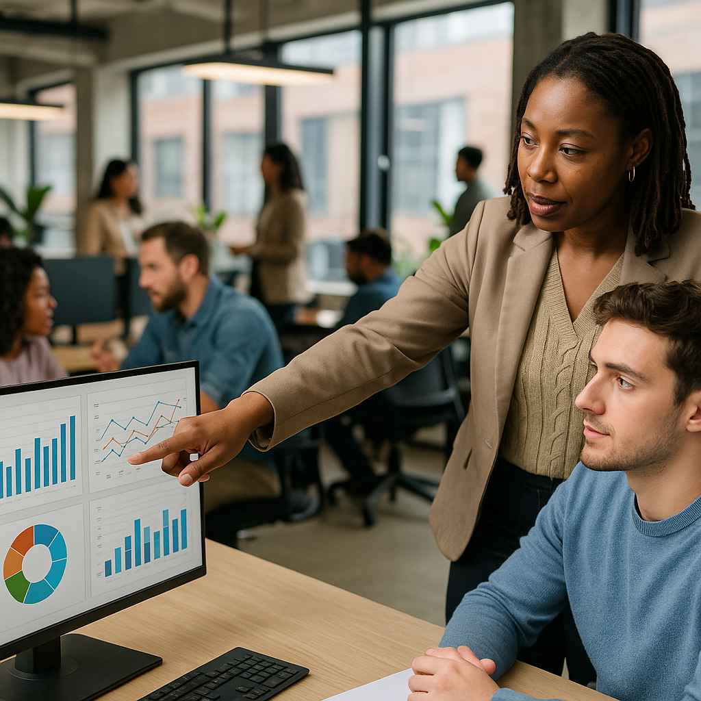 Female mentor guiding a male team member in a modern tech office, representing fair hiring and internal support.