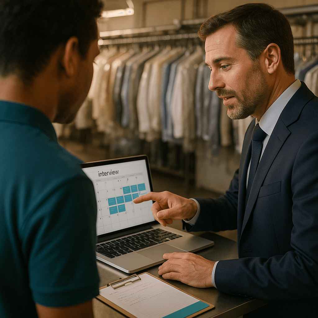 A male recruiter at TopLine scheduling candidate interviews using recruitment software in a dry cleaning store office.