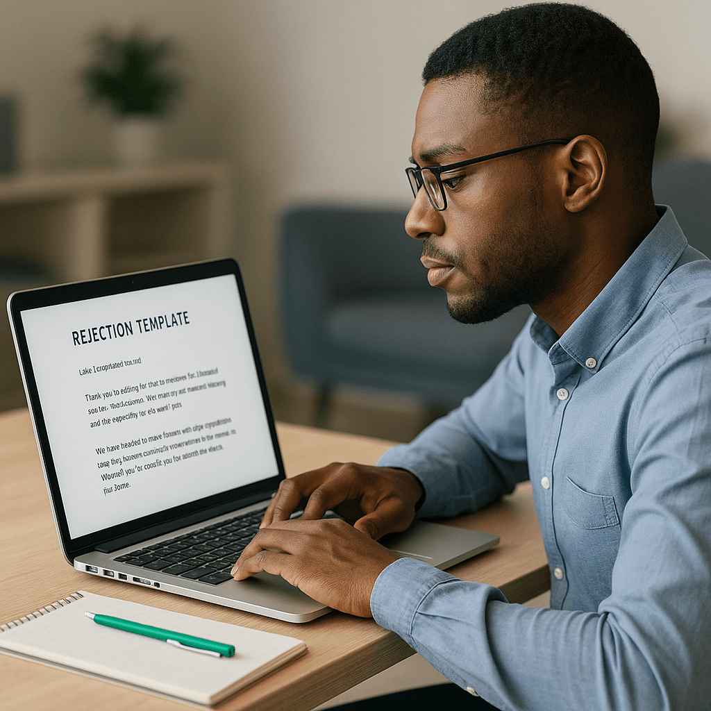 A hiring manager reviewing a printed rejection letter, showcasing the importance of clear communication in recruitment processes.