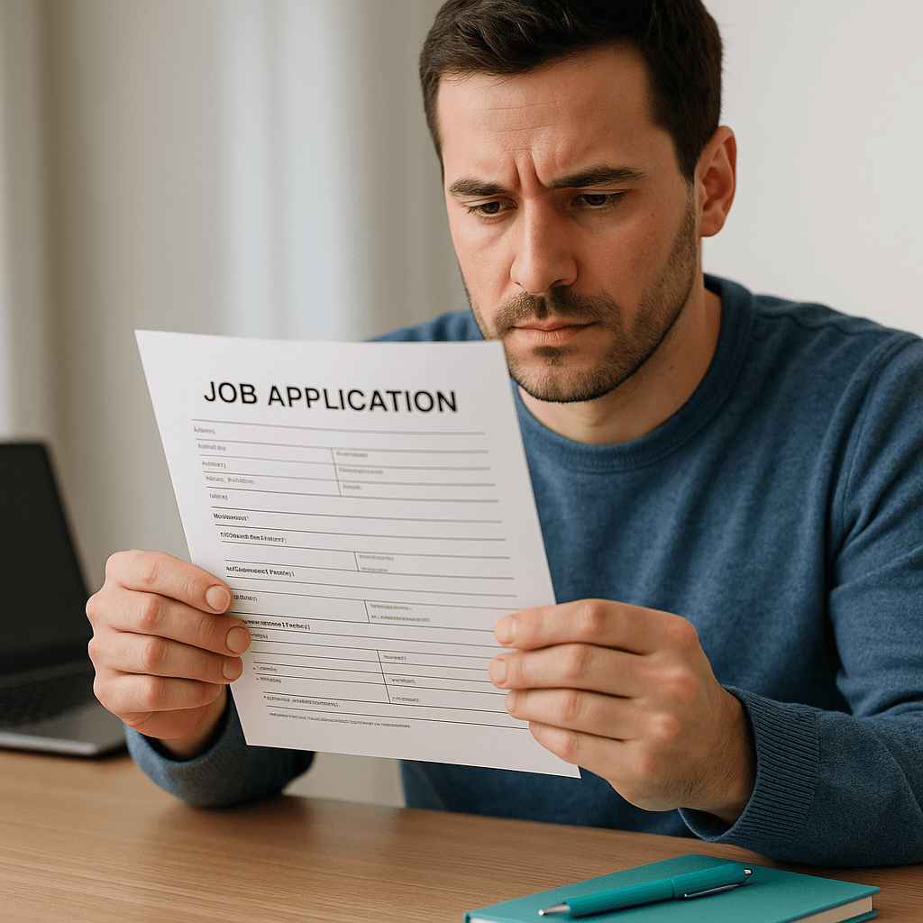 A frustrated candidate reading a job application form, illustrating user experience issues common on WordPress Career Pages.