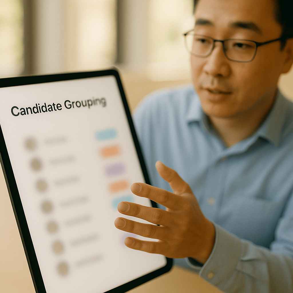 HR manager presenting grouped candidate profiles by department to Re-Engage Past Candidates effectively.