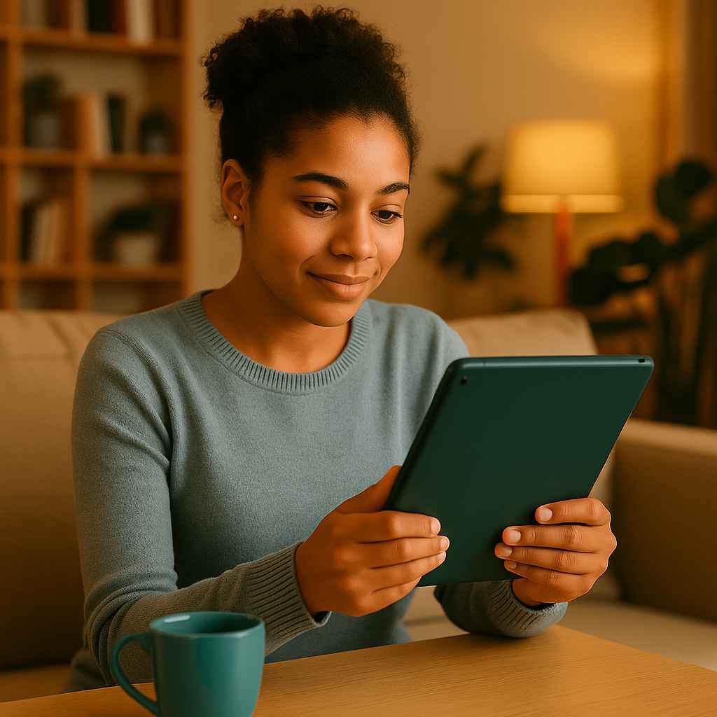 A candidate reviews her resume on a tablet at home, preparing for the next step in the hiring process.