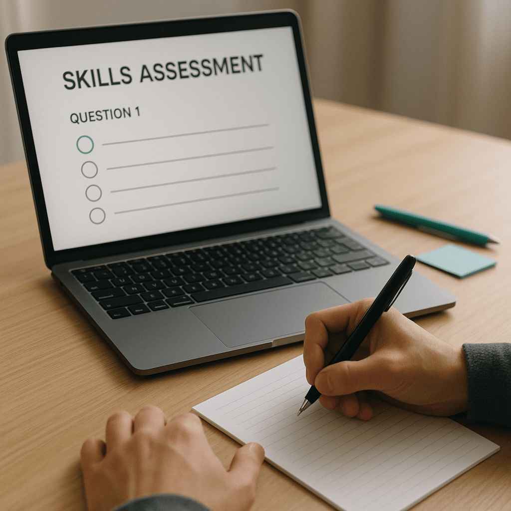 A candidate taking an online multiple-choice skills assessment test, writing down notes for accuracy and improvement tracking.