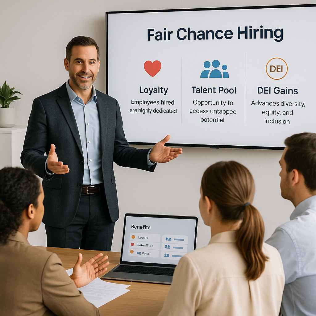 CEO training team on benefits and practices of fair chance hiring.