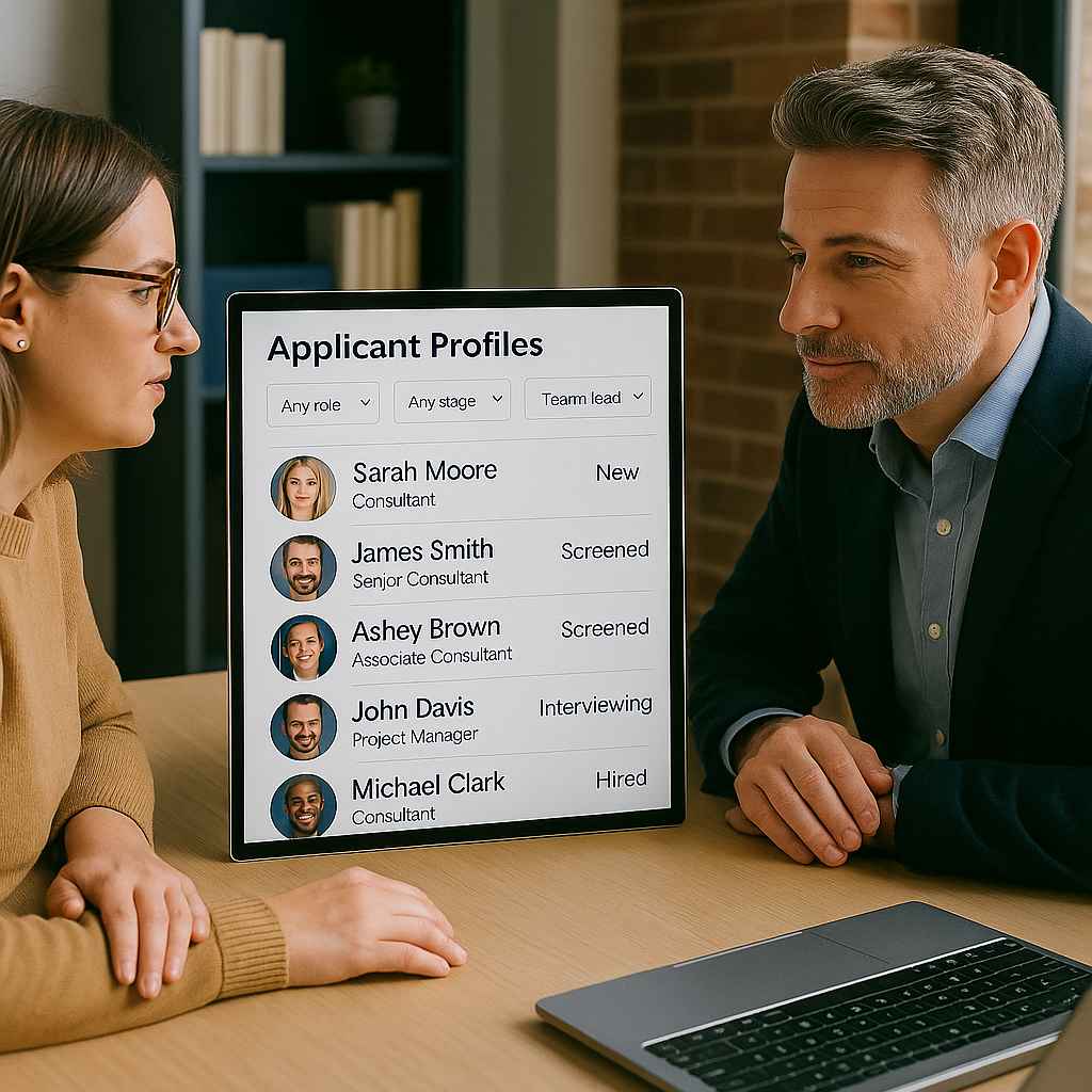 Consulting firm using ATS to filter applicants by role and interview stage.