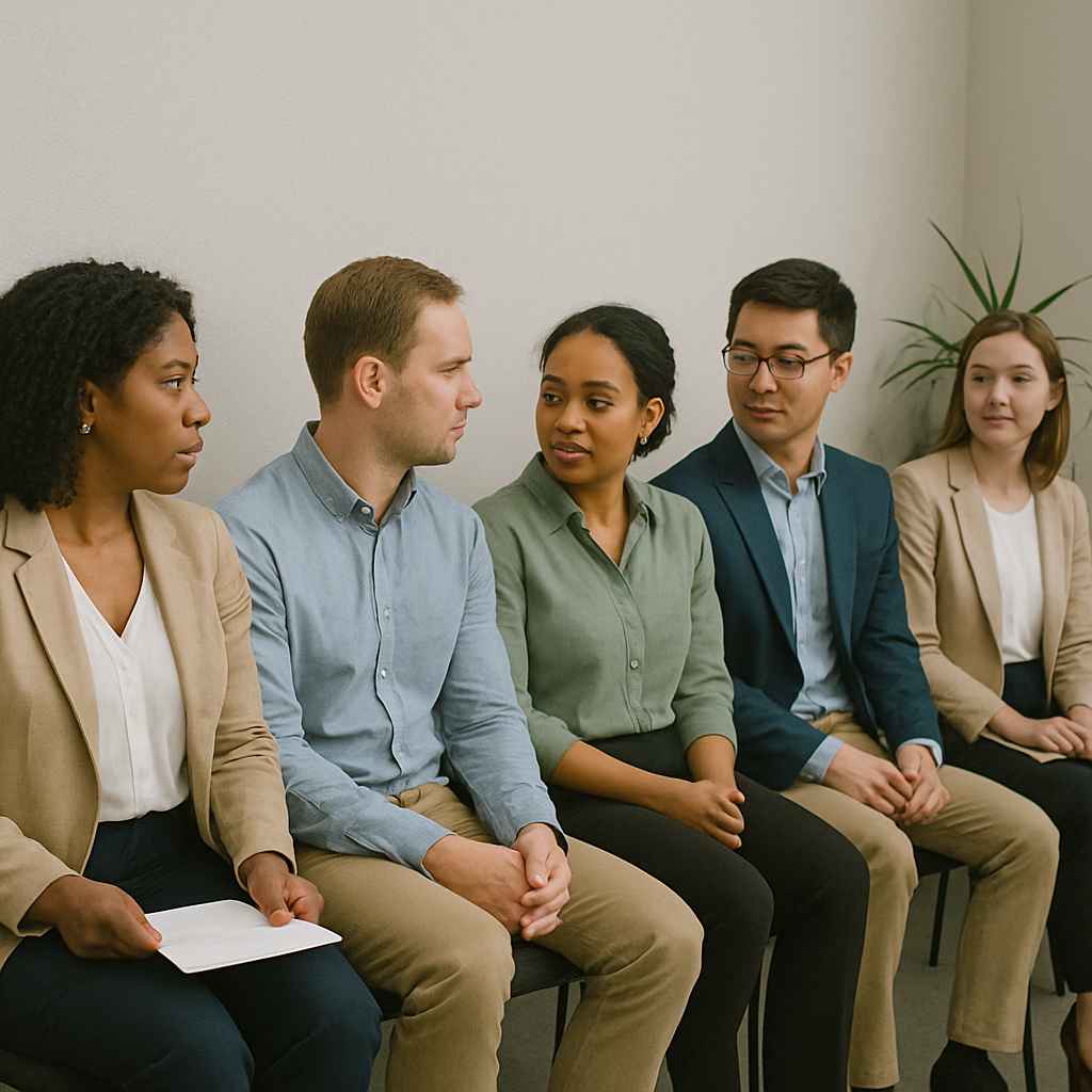 Diverse group of candidates preparing for fair, structured interviews.