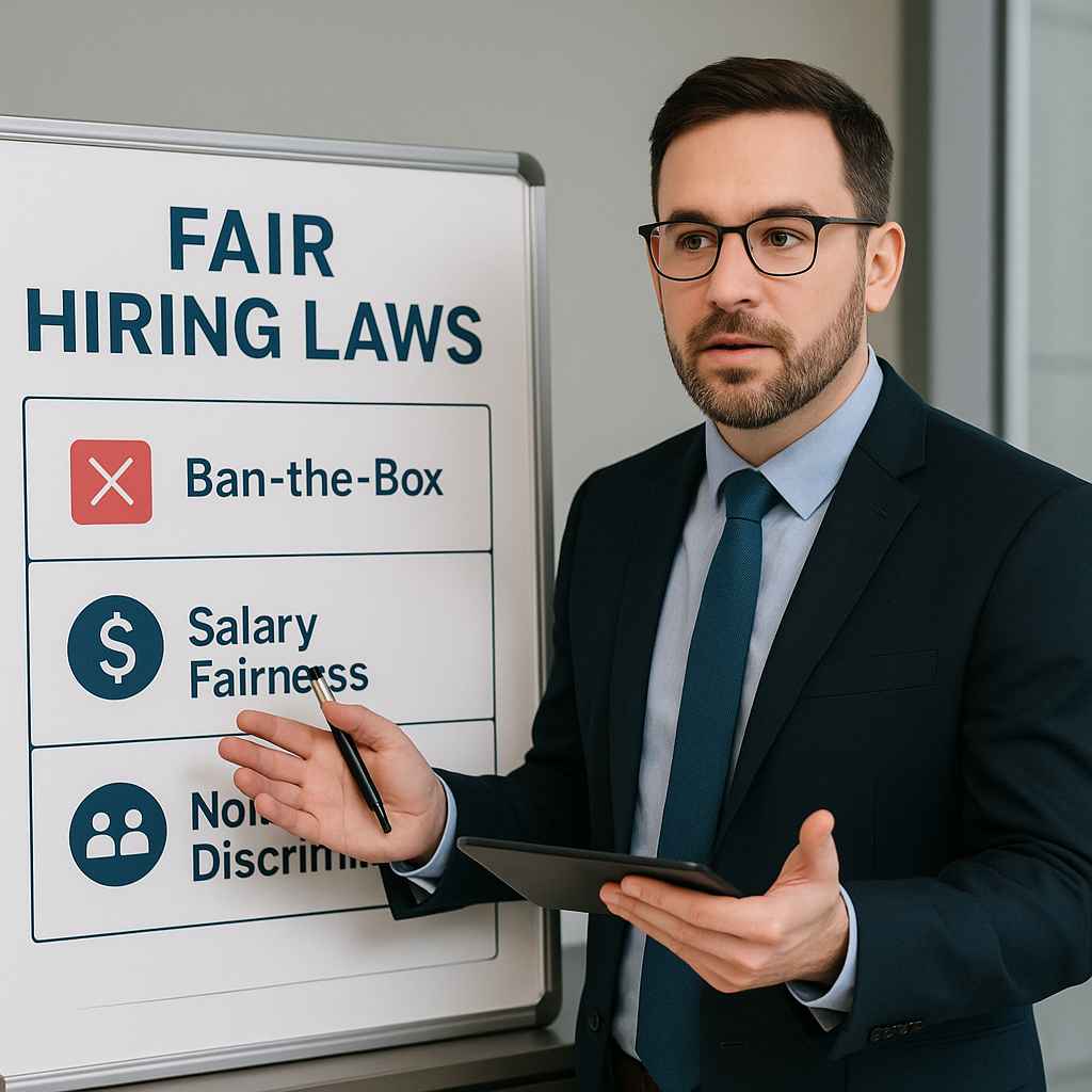 The Fair Hiring Act (USA): What It Means for Your Business 2 HR compliance officer explaining key fair hiring laws and visual policies.